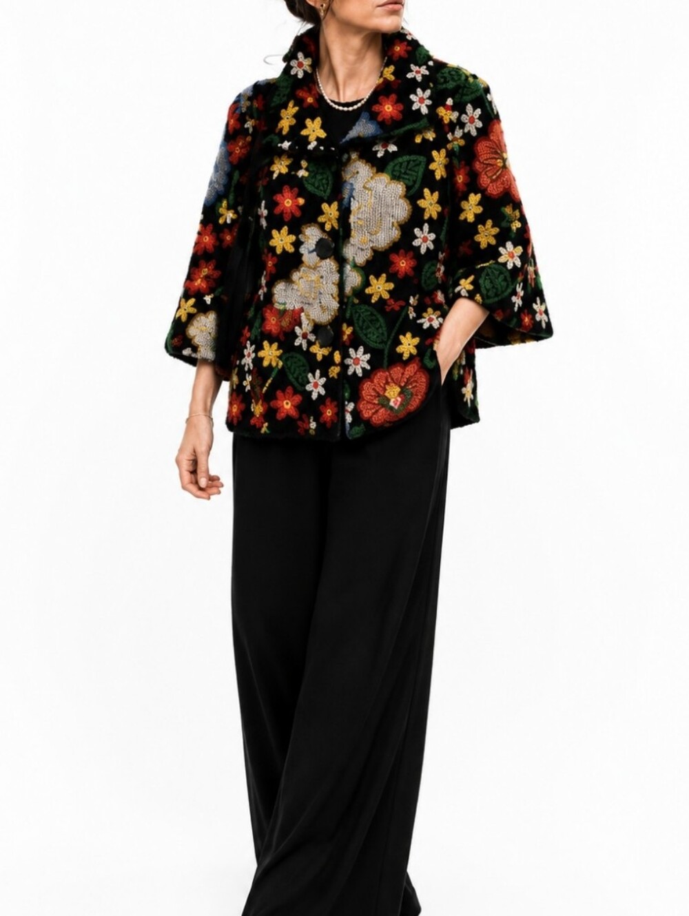 Damee Inc Floral Knit Sweater Peplum Bell Sleeve Art To Wear Lagenlook Jacket